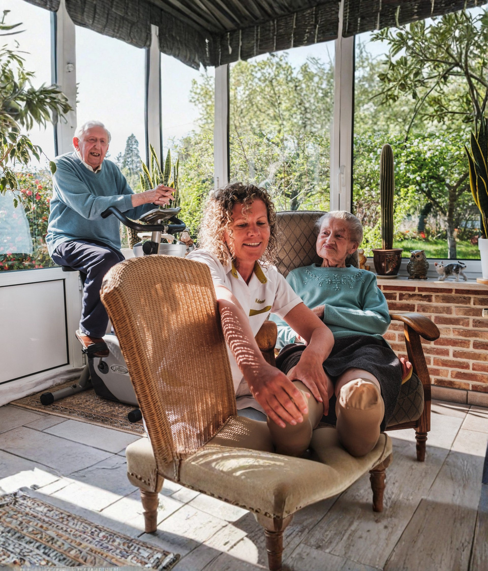 Een Mederi-verpleegkundige zit in een serre bij twee oudere bewoners die lachen.